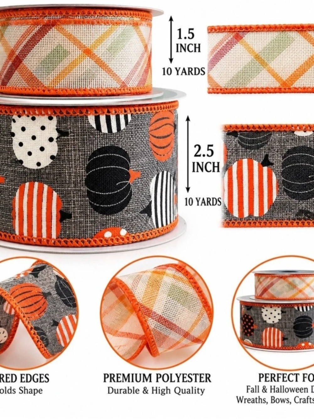 Wired Holiday Ribbon Rolls in Orange & Black